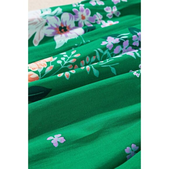 Green Floral Smocked Puff Sleeve Midi Dress For Women - Picture 11 of 12